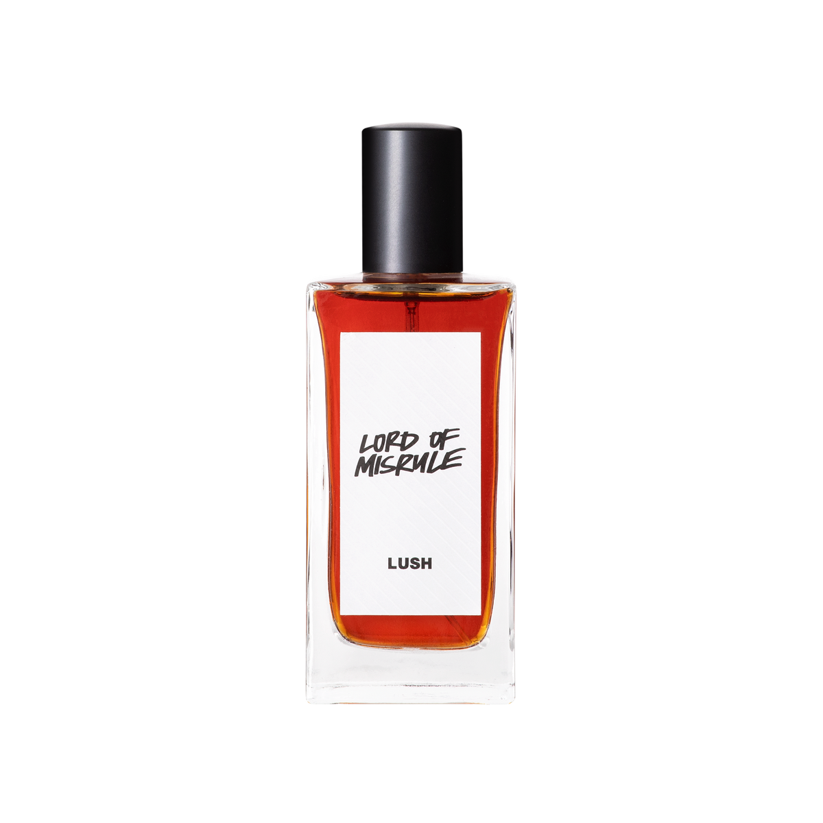 A glass perfume bottle filled with mahogany coloured liquid. A white label reads 'Lord Of Misrule'.
