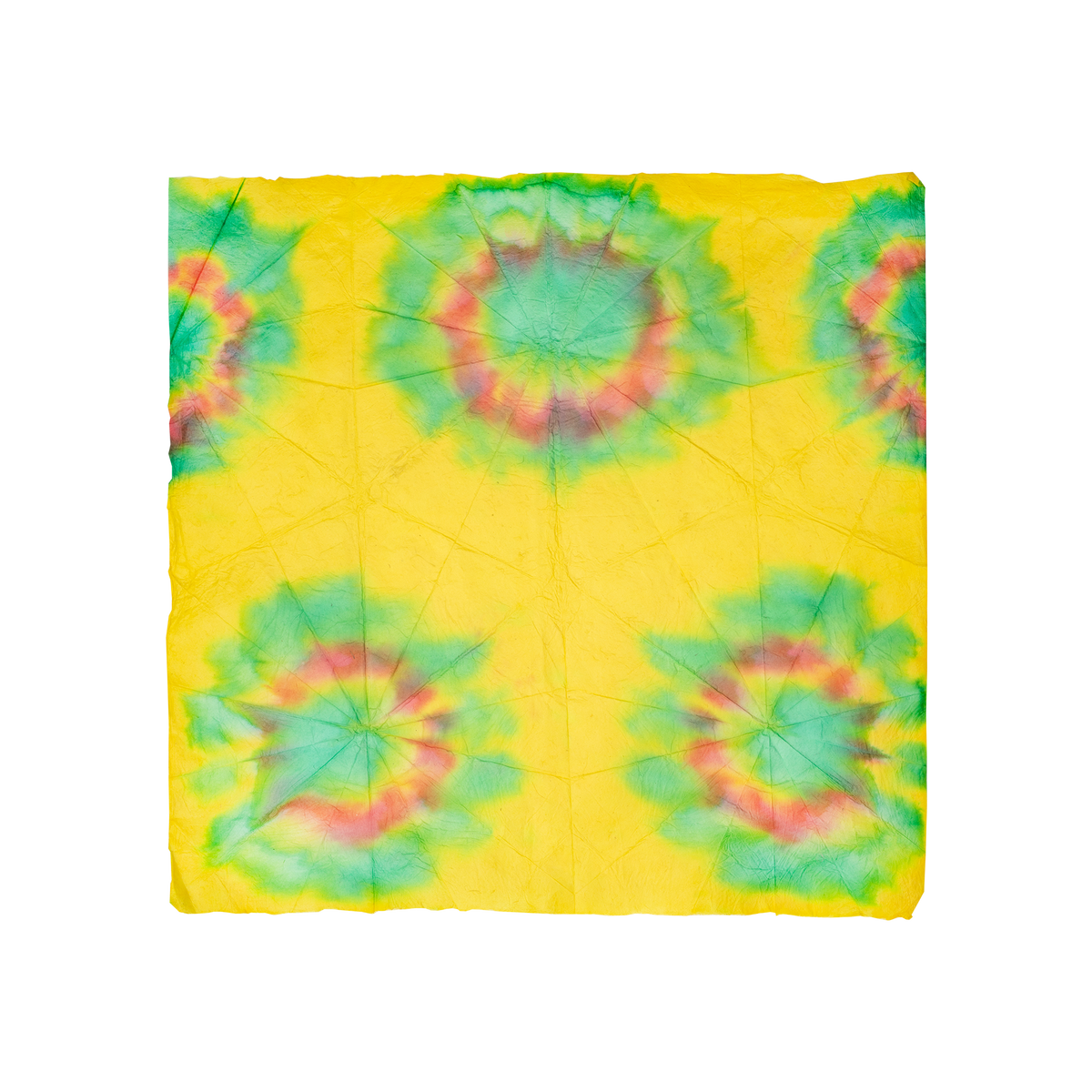 A square Lokta Wrap with yellow, red and blue tie-dyed designs all over.